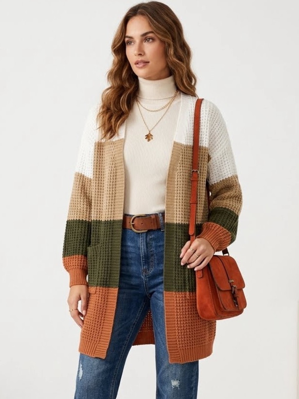 Almost Famous Colorblock Fall Autumn Cardigan in White, Tan, Olive & Rust